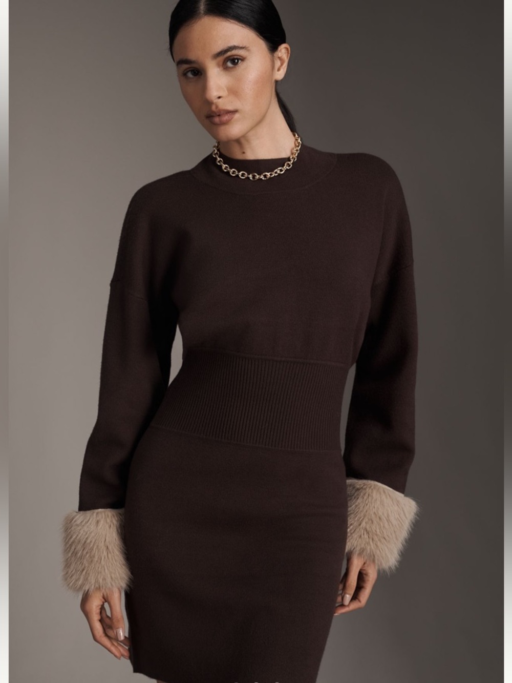 Anthropologie Long-Sleeve Faux Fur Trim
Sweater Mini Dress